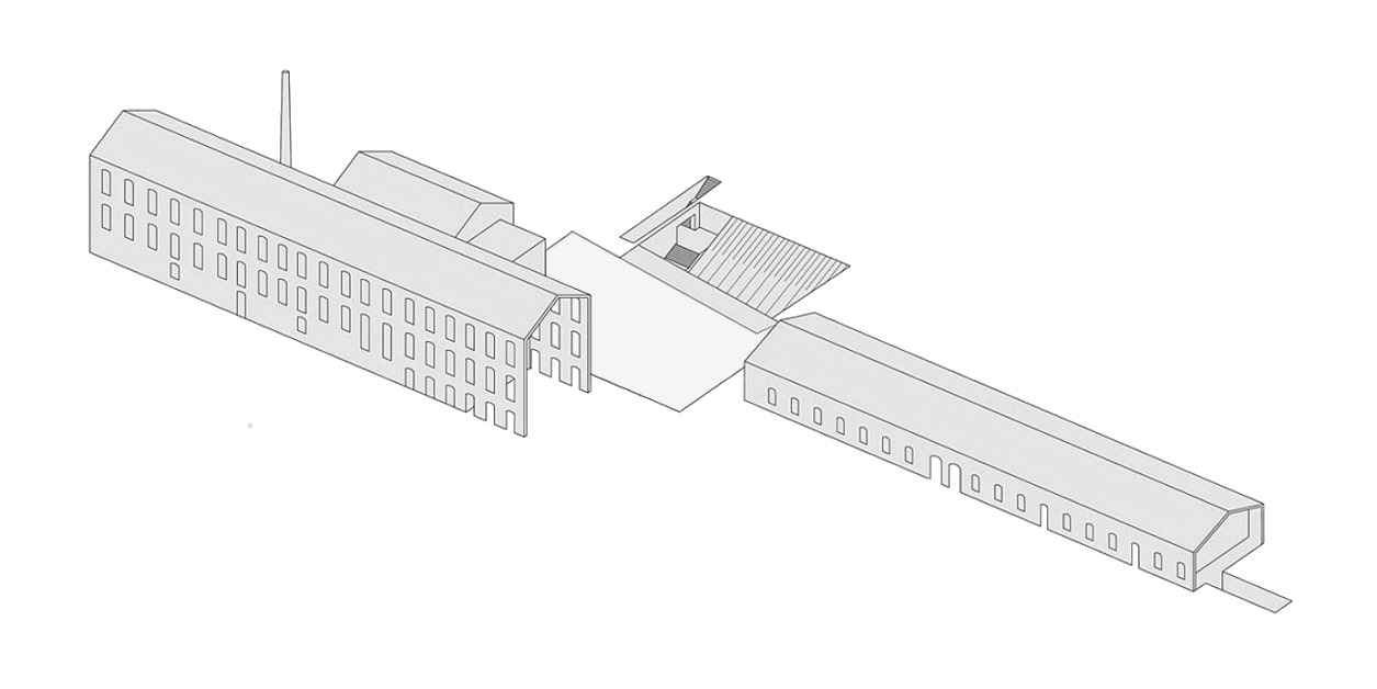 Pianta assonometrica del complesso Paganini con i quattro spazi indicati: A Auditorium Paganini, B Spazi Ipogei, C CPM Toscanini, D Parco della Musica